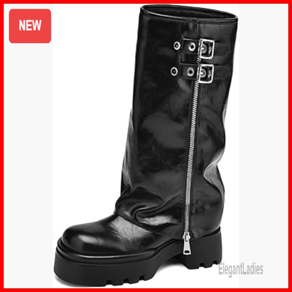 Knee High Moto Boots Platform Fold Over Buckle Straps Wide Calf